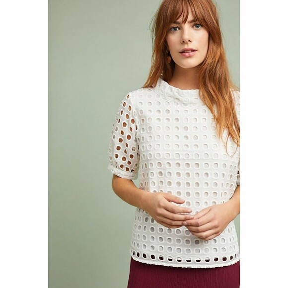 NEW ANTHROPOLOGIE WHITE EUDORA EYELET TOP BY WOLVEN SZ 8 - Picture 2 of 10
